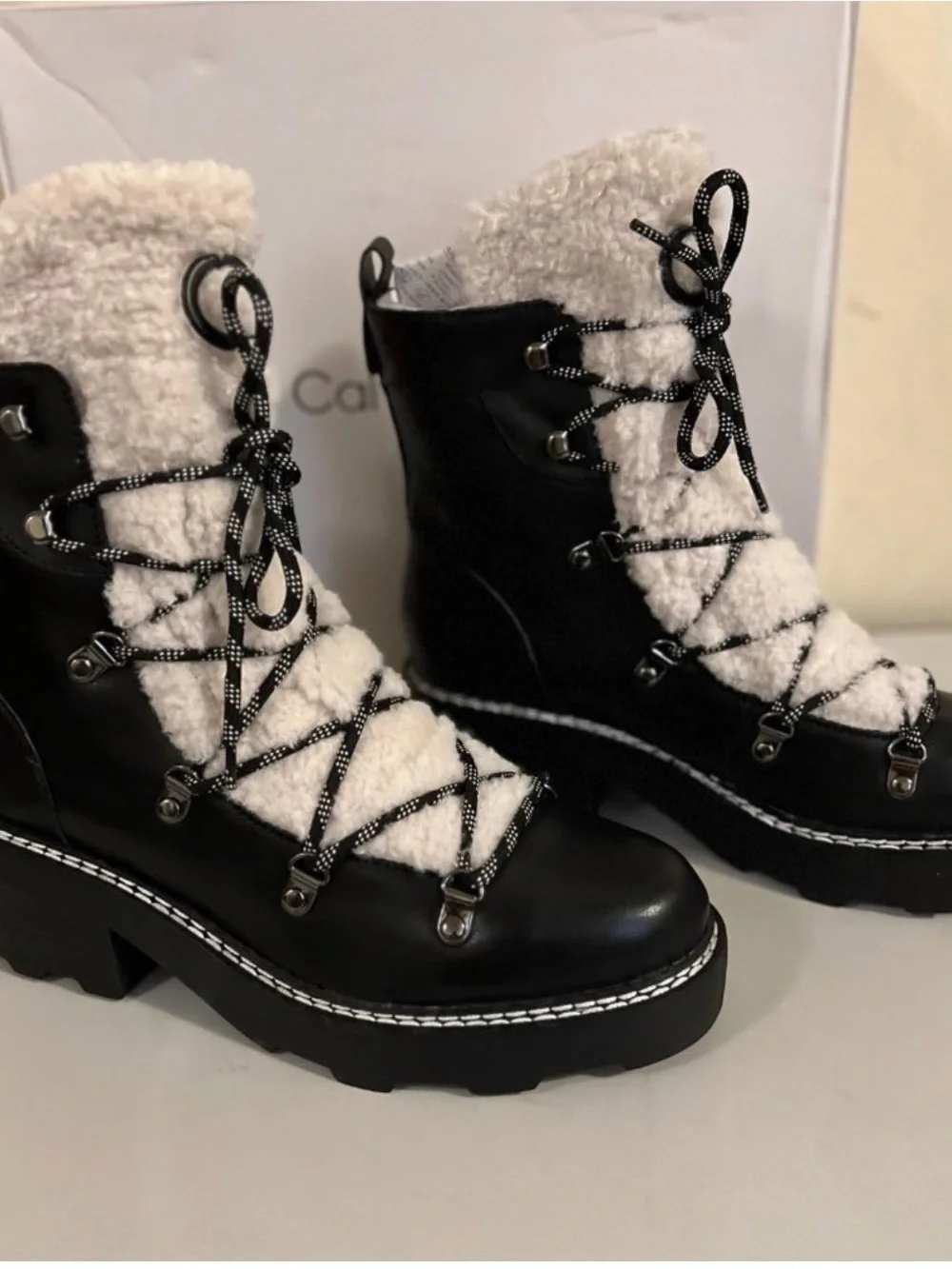 Calvin Klein Black Leather and White Sherpa Lace-Up Winter Boots